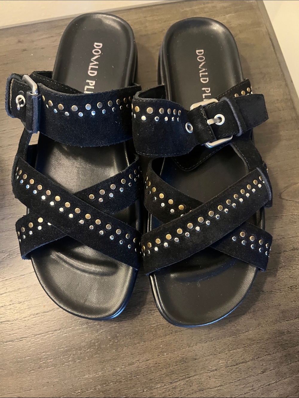 Donald J. Pliner Black Suede Studded Crisscross Slide Sandals